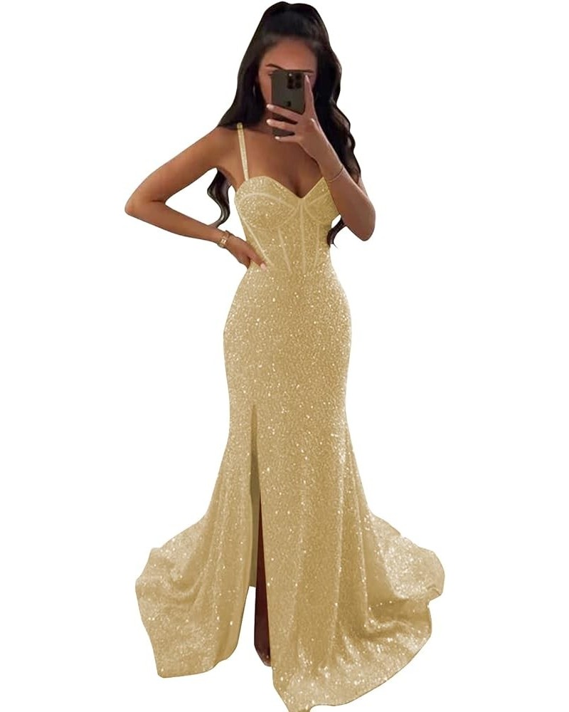 Women's Mermaid Sequin Prom Dresses Ball Gown Long Homecoming Dress V Neck High Slit Evening Formal Dress Champagne $35.70 Dr...