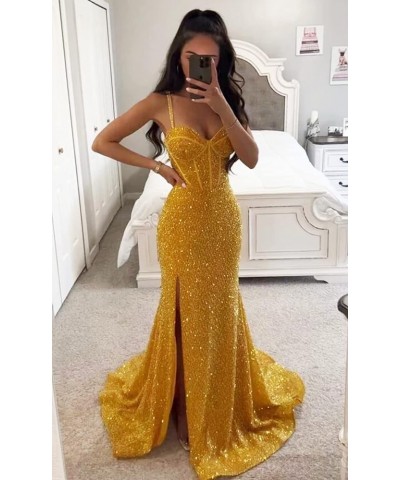 Women's Mermaid Sequin Prom Dresses Ball Gown Long Homecoming Dress V Neck High Slit Evening Formal Dress Champagne $35.70 Dr...