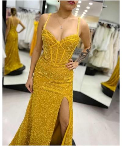 Women's Mermaid Sequin Prom Dresses Ball Gown Long Homecoming Dress V Neck High Slit Evening Formal Dress Champagne $35.70 Dr...