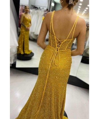 Women's Mermaid Sequin Prom Dresses Ball Gown Long Homecoming Dress V Neck High Slit Evening Formal Dress Champagne $35.70 Dr...