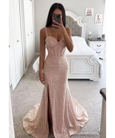 Women's Mermaid Sequin Prom Dresses Ball Gown Long Homecoming Dress V Neck High Slit Evening Formal Dress Champagne $35.70 Dr...