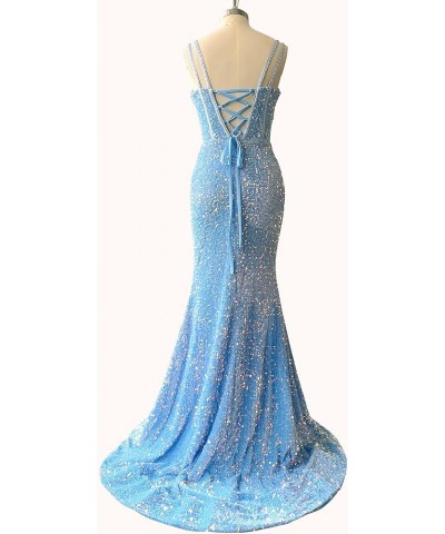 Women's Mermaid Sequin Prom Dresses Ball Gown Long Homecoming Dress V Neck High Slit Evening Formal Dress Champagne $35.70 Dr...