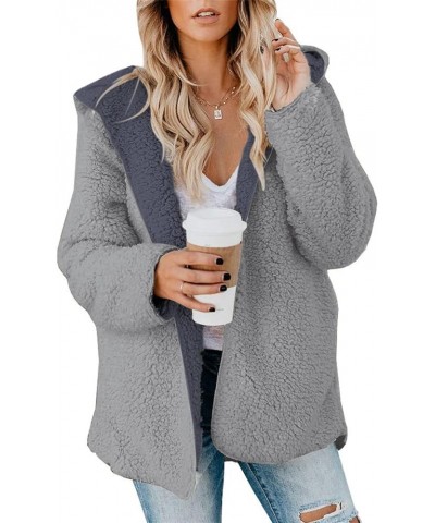 Womens Sherpa Jacket Oversized Fleece Jacket Teddy Bear Coat with Pockets Open Front Hooded Fuzzy Cardigan A Grey-grey $18.61...