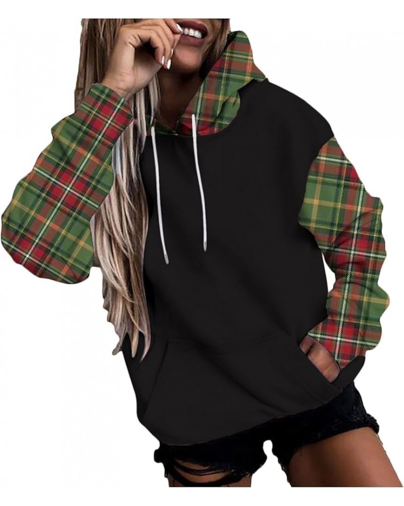 Casual Hoodies for Women Plaid Color Block Long Sleeve Sweatshirt Plus Size Drawstring Hooded Pullover Kangaroo Pocket Coat 2...