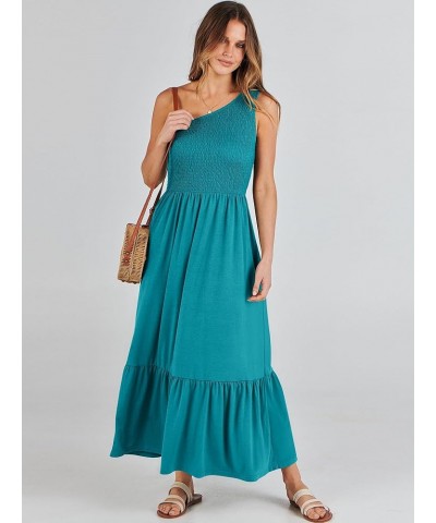 Women's 2024 Summer One Shoulder Sleeveless Casual Smocked Ruffle Tiered Beach Maxi Sun Dress Lake $13.74 Dresses