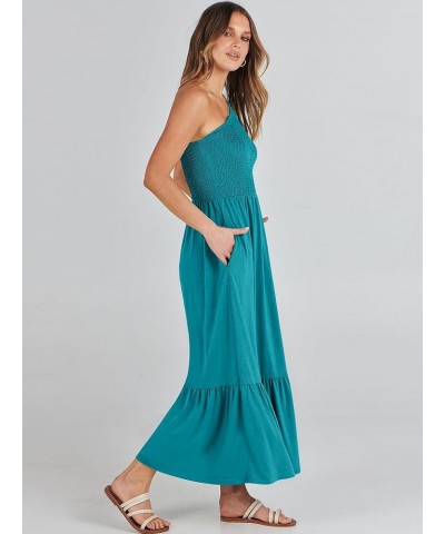 Women's 2024 Summer One Shoulder Sleeveless Casual Smocked Ruffle Tiered Beach Maxi Sun Dress Lake $13.74 Dresses