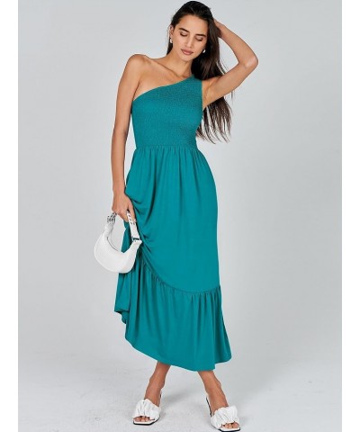 Women's 2024 Summer One Shoulder Sleeveless Casual Smocked Ruffle Tiered Beach Maxi Sun Dress Lake $13.74 Dresses