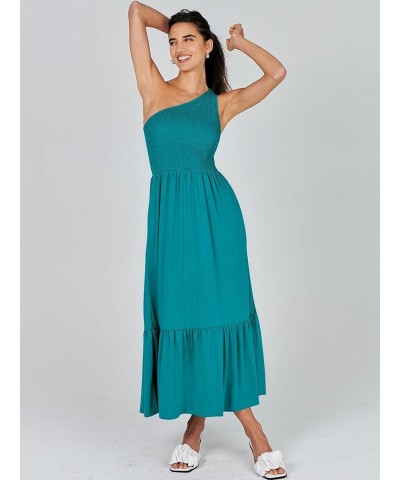 Women's 2024 Summer One Shoulder Sleeveless Casual Smocked Ruffle Tiered Beach Maxi Sun Dress Lake $13.74 Dresses