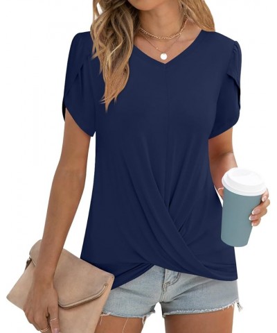 Womens 2024 Summer Casual Tunic Tops Twist Front Blouse Short Sleeve Fitting Tshirt V-purplish Blue $10.00 Tops