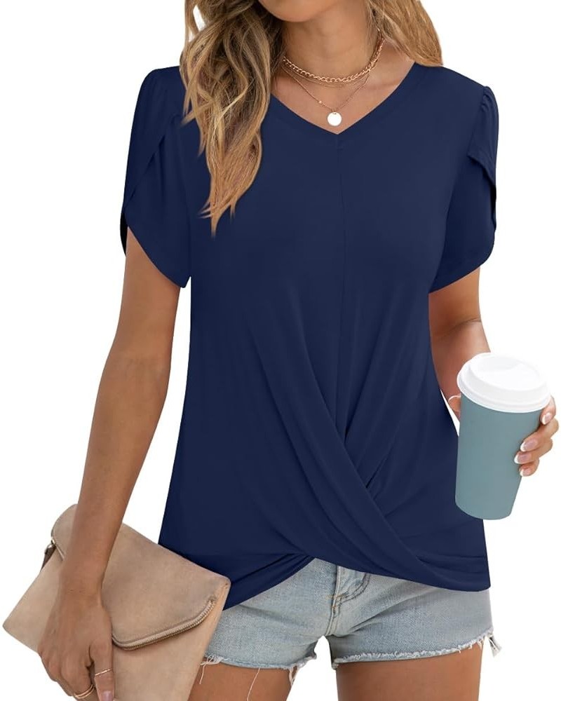 Womens 2024 Summer Casual Tunic Tops Twist Front Blouse Short Sleeve Fitting Tshirt V-purplish Blue $10.00 Tops