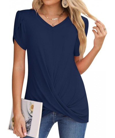 Womens 2024 Summer Casual Tunic Tops Twist Front Blouse Short Sleeve Fitting Tshirt V-purplish Blue $10.00 Tops