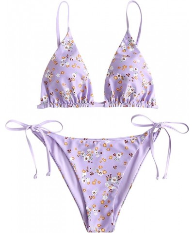 Women's Triangle Bikini Floral String Bikini Set Two Piece Swimsuit Bathing Suits 2-light Purple $16.77 Swimsuits