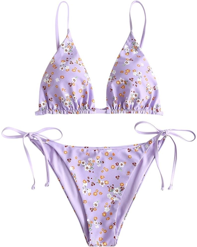 Women's Triangle Bikini Floral String Bikini Set Two Piece Swimsuit Bathing Suits 2-light Purple $16.77 Swimsuits