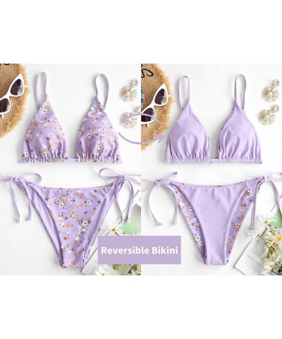 Women's Triangle Bikini Floral String Bikini Set Two Piece Swimsuit Bathing Suits 2-light Purple $16.77 Swimsuits