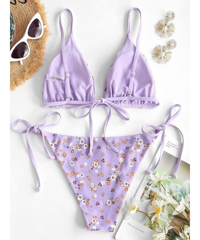 Women's Triangle Bikini Floral String Bikini Set Two Piece Swimsuit Bathing Suits 2-light Purple $16.77 Swimsuits