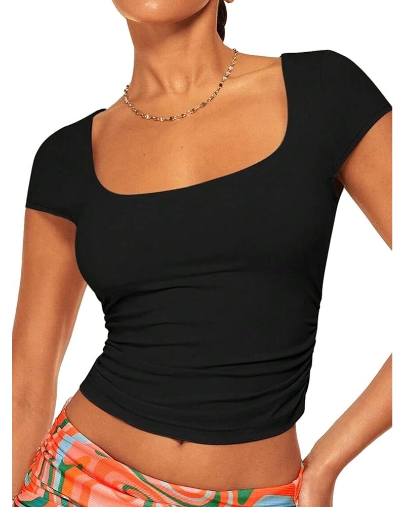 Crop Tops for Women Trendy Summer Tops Short Sleeve Shirts for Women Going Out Tops for Women Square Neck Tops for Women Blac...