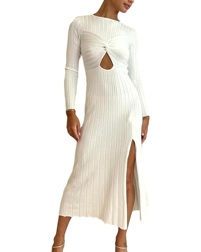 Women Casual Knitted Maxi Dress Solid Color Long Sleeve Round Neck Ribbed Long Dress Elegant Party Knit Dress Zc-white $14.76...