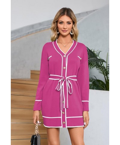 Women's V Neck Long Sleeve Mini Dress Elegant Button Down Open Front Color Block Knit Sweater Cardiagns with Belt Rose $19.74...