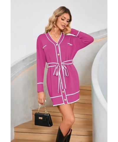 Women's V Neck Long Sleeve Mini Dress Elegant Button Down Open Front Color Block Knit Sweater Cardiagns with Belt Rose $19.74...