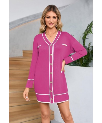 Women's V Neck Long Sleeve Mini Dress Elegant Button Down Open Front Color Block Knit Sweater Cardiagns with Belt Rose $19.74...