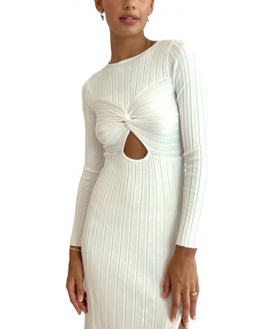 Women Casual Knitted Maxi Dress Solid Color Long Sleeve Round Neck Ribbed Long Dress Elegant Party Knit Dress Zc-white $14.76...