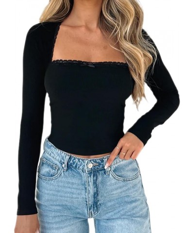 Women Long Sleeve Lace Trim Top Patchwork Slim Fit Shirt Tee Y2K Going Out Crop Top R-ribbed Knit Tops Shirt Black $10.72 T-S...