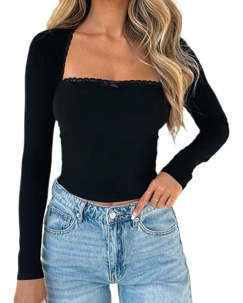 Women Long Sleeve Lace Trim Top Patchwork Slim Fit Shirt Tee Y2K Going Out Crop Top R-ribbed Knit Tops Shirt Black $10.72 T-S...