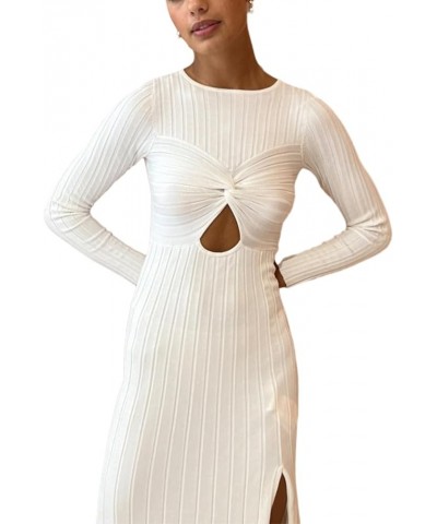 Women Casual Knitted Maxi Dress Solid Color Long Sleeve Round Neck Ribbed Long Dress Elegant Party Knit Dress Zc-white $14.76...