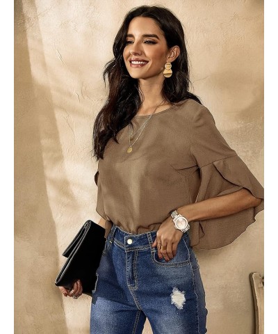 Women's Tops Casual Solid Color Comfortable Loose Ruffle Lotus Flare Tiered Sleeve Top Blouse T-Shirt Office wear Camel $19.2...