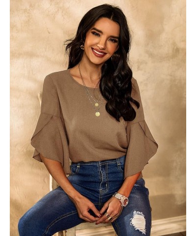 Women's Tops Casual Solid Color Comfortable Loose Ruffle Lotus Flare Tiered Sleeve Top Blouse T-Shirt Office wear Camel $19.2...