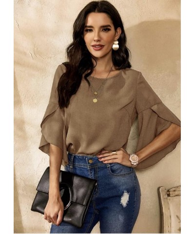 Women's Tops Casual Solid Color Comfortable Loose Ruffle Lotus Flare Tiered Sleeve Top Blouse T-Shirt Office wear Camel $19.2...