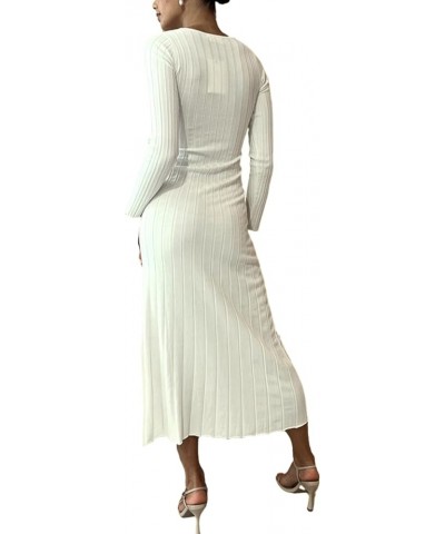 Women Casual Knitted Maxi Dress Solid Color Long Sleeve Round Neck Ribbed Long Dress Elegant Party Knit Dress Zc-white $14.76...