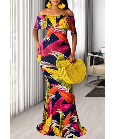 Women's Sexy Off Shoulder Maxi Dress Hawaiian Floral Evening Gown Long Dress C-blue $21.72 Dresses