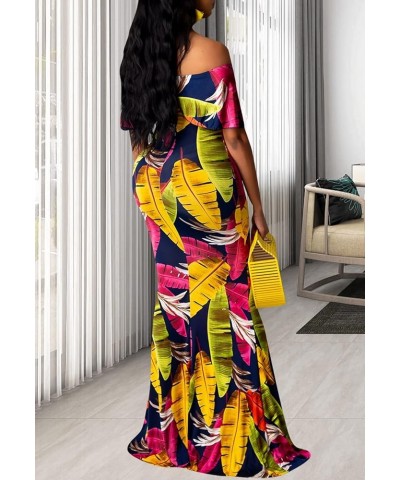 Women's Sexy Off Shoulder Maxi Dress Hawaiian Floral Evening Gown Long Dress C-blue $21.72 Dresses