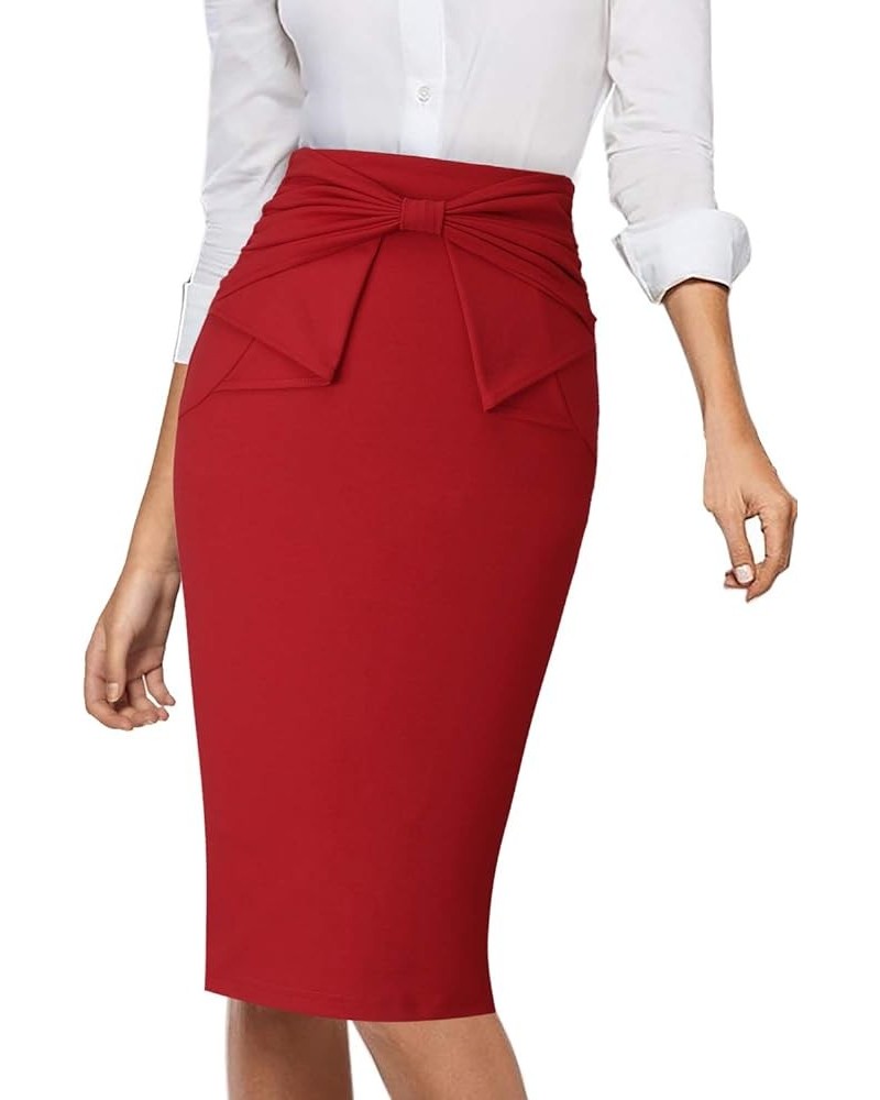 Womens Pleated Bow High Waist Slim Work Office Business Pencil Skirt Red $14.80 Skirts