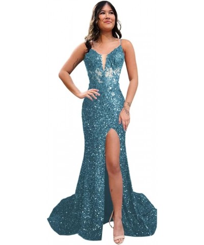 V Neck Prom Dresses 2024 with Slit Floral Sparkly Sequin Formal Gown SYYS422 Dusty Blue $34.80 Dresses