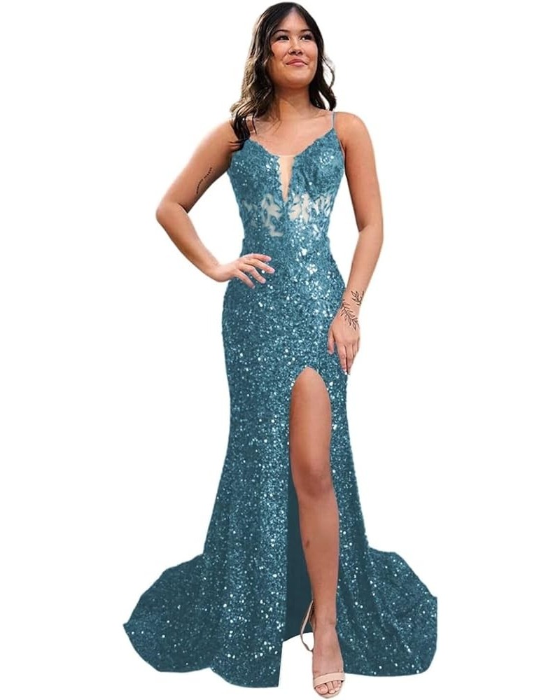 V Neck Prom Dresses 2024 with Slit Floral Sparkly Sequin Formal Gown SYYS422 Dusty Blue $34.80 Dresses