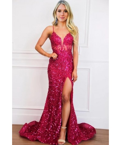 V Neck Prom Dresses 2024 with Slit Floral Sparkly Sequin Formal Gown SYYS422 Dusty Blue $34.80 Dresses