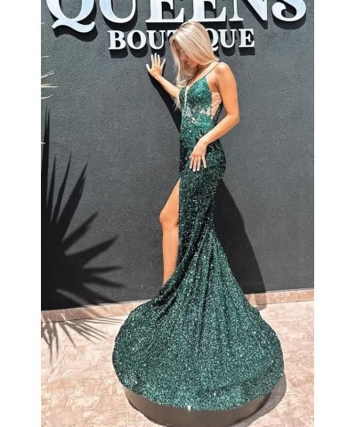 V Neck Prom Dresses 2024 with Slit Floral Sparkly Sequin Formal Gown SYYS422 Dusty Blue $34.80 Dresses