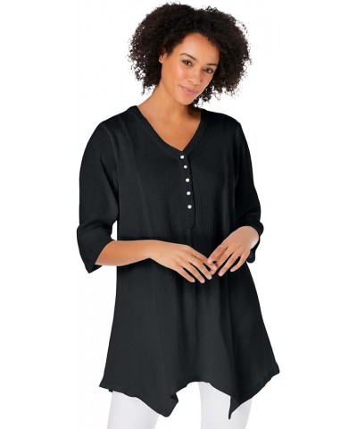 Women's Plus Size V-Neck Henley Tunic Black $19.25 Tops