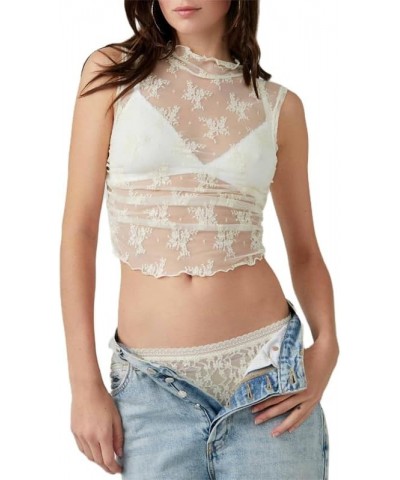 Women Floral Lace Tank Top Y2k Sexy Mesh See Through Cami Top Sleeveless Slim Fit Vest Top Summer Streetwear X2-white-x2 $8.6...