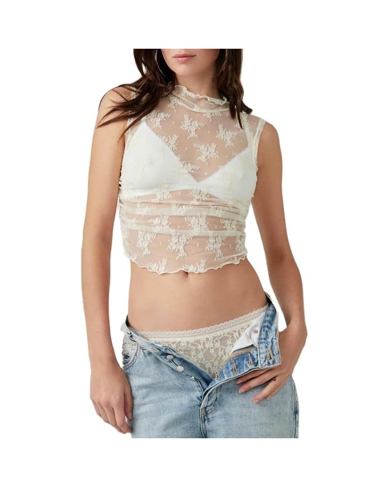 Women Floral Lace Tank Top Y2k Sexy Mesh See Through Cami Top Sleeveless Slim Fit Vest Top Summer Streetwear X2-white-x2 $8.6...