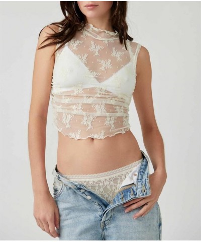 Women Floral Lace Tank Top Y2k Sexy Mesh See Through Cami Top Sleeveless Slim Fit Vest Top Summer Streetwear X2-white-x2 $8.6...