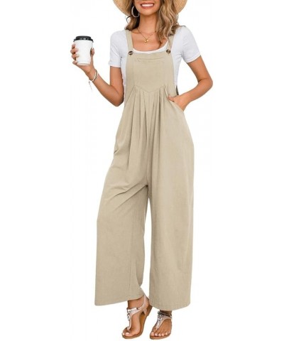 Women's Summer Wide Leg Bib Linen Overalls Palazzo Pants Casual Linen Jumpsuits Khaki $12.10 Overalls