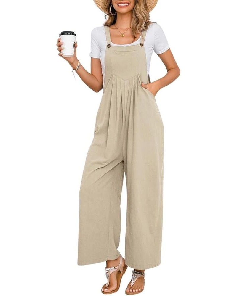 Women's Summer Wide Leg Bib Linen Overalls Palazzo Pants Casual Linen Jumpsuits Khaki $12.10 Overalls