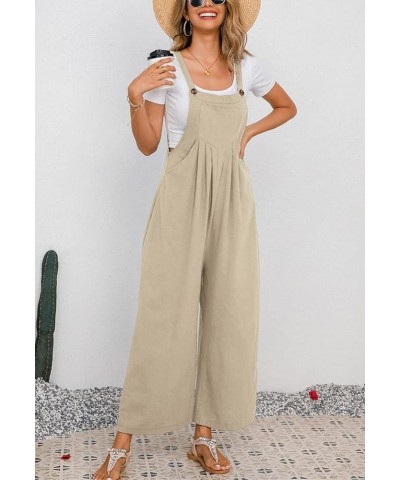 Women's Summer Wide Leg Bib Linen Overalls Palazzo Pants Casual Linen Jumpsuits Khaki $12.10 Overalls