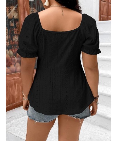 Women's Plus Size Puff Short Sleeve Drawstring Sweetheart Neck Peplum Tee Eyelet Embroidery T Shirt Tops Solid Black $16.00 T...