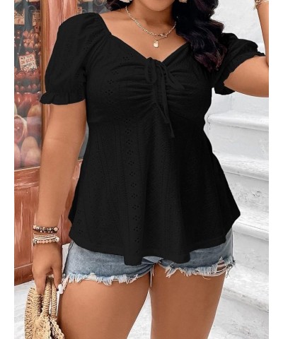 Women's Plus Size Puff Short Sleeve Drawstring Sweetheart Neck Peplum Tee Eyelet Embroidery T Shirt Tops Solid Black $16.00 T...