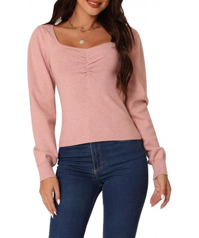 Women's Casual Square Neck Puff Long Sleeve Sweaters Ribbed Knit Fitted Pullover Sweater Pink $13.24 Sweaters