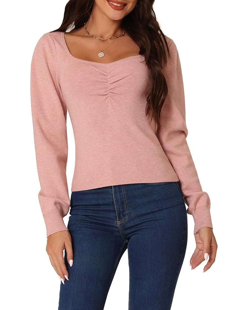 Women's Casual Square Neck Puff Long Sleeve Sweaters Ribbed Knit Fitted Pullover Sweater Pink $13.24 Sweaters